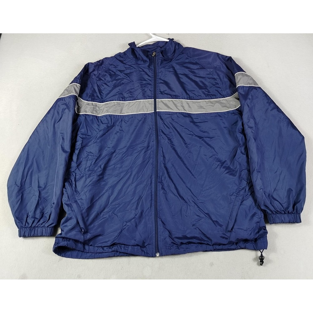 Tek Gear Jacket Mens Large Blue Windbreaker Reflective Stripe Lined Running